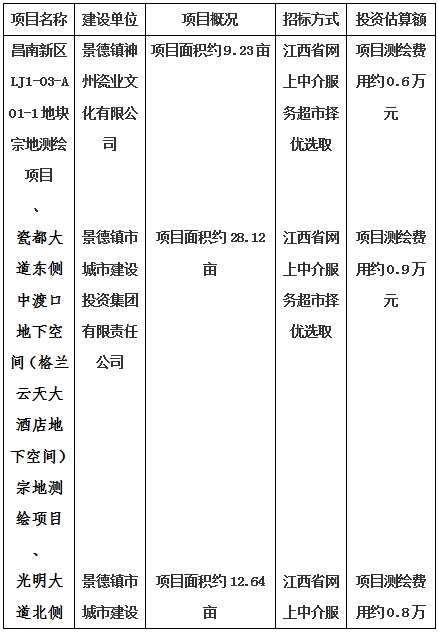 景德(dé)鎮市昌南新(xīn)區(qū)LJ1-03-A01-1地塊、瓷都大道東側中(zhōng)渡口地下空間（格蘭雲天大酒店(diàn)地下空間）、光明大道北側利民(mín)路西側地下空間（青少年宮地下空間）、規劃二路北側地下空間地塊二（加速基地地下空間）、規劃二路北側地下空間地塊一（加速基地地下空間）、景德(dé)大道南側天寶橋西側地塊、景興大道東側如意路北側地下空間(社會公(gōng)共服務(wù)