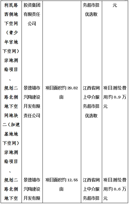 景德(dé)鎮市昌南新(xīn)區(qū)LJ1-03-A01-1地塊、瓷都大道東側中(zhōng)渡口地下空間（格蘭雲天大酒店(diàn)地下空間）、光明大道北側利民(mín)路西側地下空間（青少年宮地下空間）、規劃二路北側地下空間地塊二（加速基地地下空間）、規劃二路北側地下空間地塊一（加速基地地下空間）、景德(dé)大道南側天寶橋西側地塊、景興大道東側如意路北側地下空間(社會公(gōng)共服務(wù)