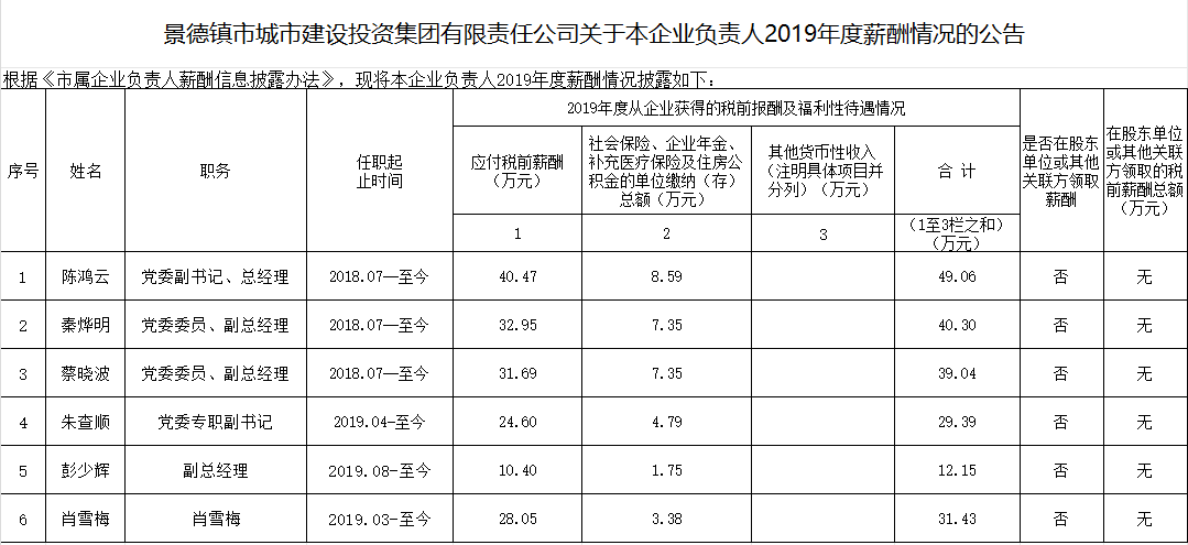景德(dé)鎮市城市建設投資集團有(yǒu)限責任公(gōng)司關于本企業負責人2019年度薪酬情況的公(gōng)告
